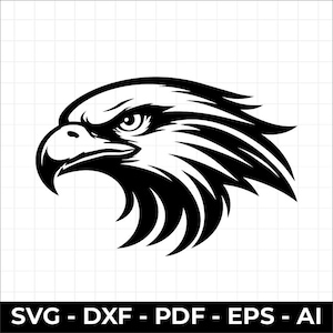 Puede incluir: Una ilustración gráfica en blanco y negro de una cabeza de águila de perfil, con plumas estilizadas y una mirada enfocada. Debajo del águila, el texto dice SVG - DXF - PDF - EPS - AI, indicando los formatos de archivo digitales disponibles.