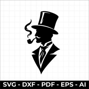 May include: A black and white silhouette graphic of a person in profile wearing a top hat and a cravat, smoking a pipe with visible smoke curls. The text at the bottom reads SVG - DXF - PDF - EPS - AI, set against a light grid background.