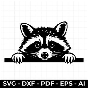 May include: A black and white graphic illustration of a raccoon peeking over a horizontal line. The raccoon has pointed ears, a masked face, and visible front paws resting on the edge. The text SVG - DXF - PDF - EPS - AI appears below.