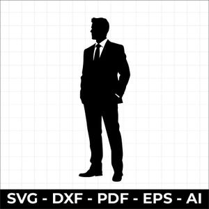May include: A black silhouette of a person standing in a suit and tie, facing left. The graphic is presented on a white grid background with the text SVG - DXF - PDF - EPS - AI displayed in white letters on a black bar at the bottom of the image.
