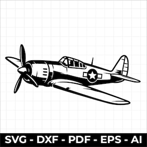 May include: A black and white graphic illustration of a vintage propeller airplane featuring a star insignia on the fuselage. The design is presented against a light grid background with the text SVG - DXF - PDF - EPS - AI at the bottom.