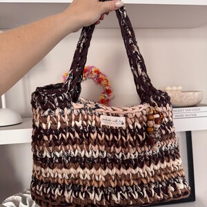 SHOPPER BAG | Crocheted handmade handbag | T-shirt yarn bag | Carabiner closure | 36 cm x 22 cm, handle 49 cm