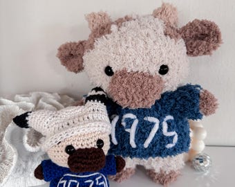 The 1975 Cow | Cow wearing a sweater | Bunny Hat | Crochet | Amigurumi | Stuffed animal