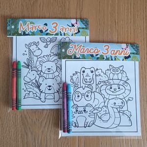 Gadget fine festa bambini – Bustina con disegno da colorare + pastelli – Personalizzato con nome ed età, party kit