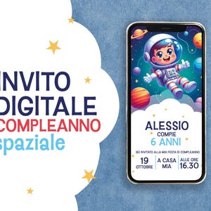 Invito digitale tema spazio – Festa compleanno astronauta – PDF/JPEG personalizzato per stampa o WhatsApp