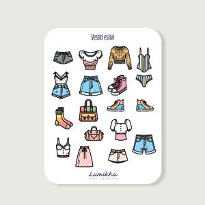 Set adesivi tematici su carta fotografica – Foglio 12x16 cm – Planner, journaling, scrapbooking, agende, tema vestiti estivi