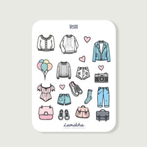 Set adesivi tematici su carta fotografica – Foglio 12x16 cm – Planner, journaling, scrapbooking, agende, tema vestiti alla moda