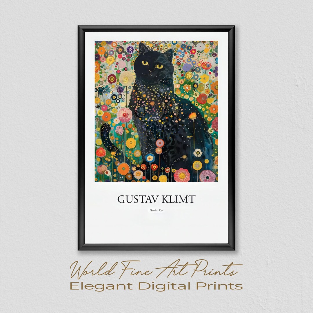 Gustav Klimt Black Cat Print – Vintage Floral Garden Feline (digital ...