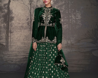Embroidered Velvet Lehenga Suit: Green & Purple Silk Skirt, Indian Wedding Outfit