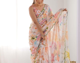 Floral Chinon Saree: Digital Print, Mirror Cut Work, Party Wear