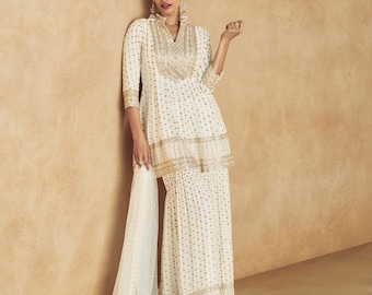 Elegant Cream Georgette Sharara Suit | Designer Gharara Set with Net Dupatta