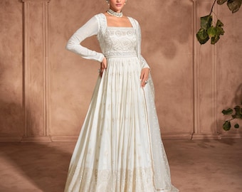 White Chikankari Embroidered Gown with Dupatta: Georgette Chinon Silk Festive Dress