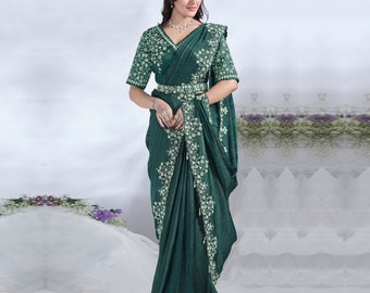 Teal Green Two-Tone Satin Silk Saree with Handwork, Sequins & Moti | Elegant Designer Saree