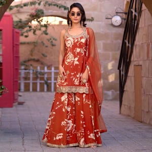 Indian Fusion Dress | Coral Sharara Suit with Mirror Work & Organza Dupatta | Bohemian Kurti and Palazzo Set for Mehendi, Weddings, Eid