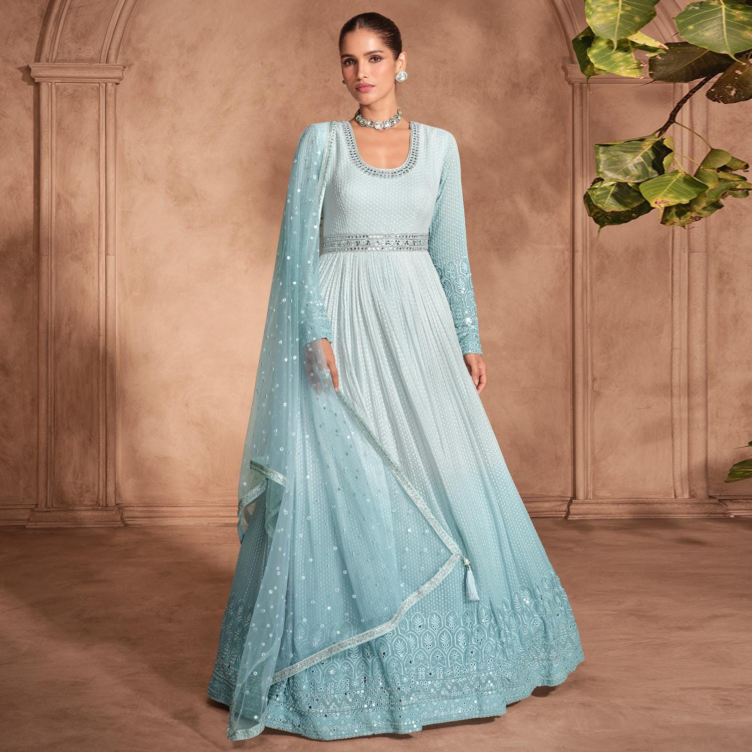 Sky Blue Chikankari Embroidered Gown: Georgette & Chinon Silk Dupatta
