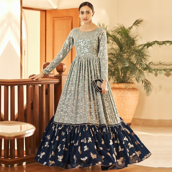 Elegant Grey & Blue Georgette Anarkali Gown: Metallic Foil Evening Dress