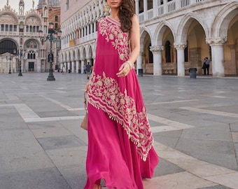 Hot Pink Embroidered Kaftan Dress with Palazzo Pants: Indo Western Outfit