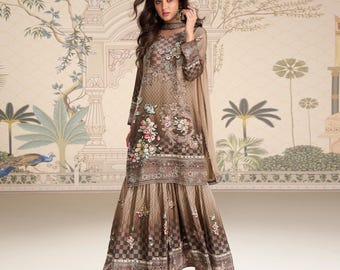 Brown Embroidered Sharara Suit Set | Indian Pakistani African Dress | Mirror Work Formal Wear with Palazzo Pants