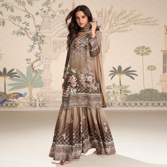 Brown Embroidered Sharara Suit Set | Indian Pakistani African Dress | Mirror Work Formal Wear with Palazzo Pants