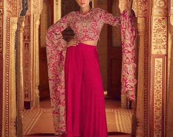 Embroidered Chinon Silk Indo Western Dress: Deep Pink Palazzo Pants Outfit