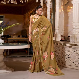 Brown Floral Saree | Printed Georgette Saree with Pearl Lace Border & Matching Blouse | Gift for Mom, Anniversary, Indian Wedding Elegance