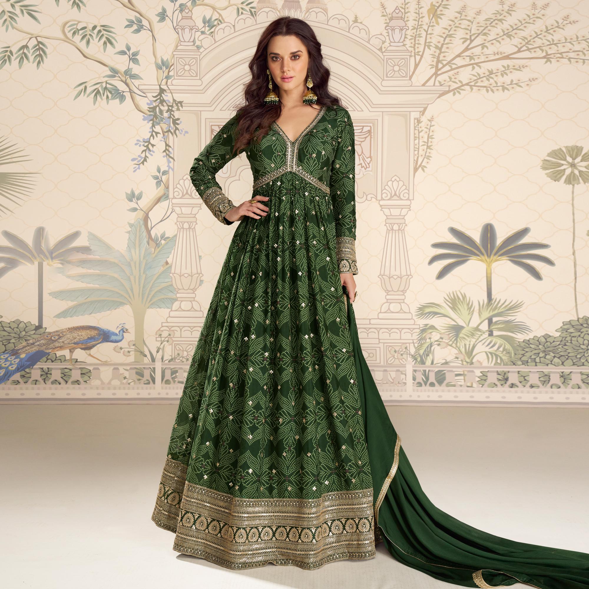 green bandhani dress Green Bandhani Anarkali Dress with Scallop Neckline #attireofyourwish Checkout our site to get prettier outfit #ethnicwear #anarkalidress # bandhani #greendress #scallopneckline #festivalwear #EmbellishedDupatta #occasionwear #westernwear #onepiece