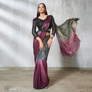Bold Black & Wine Two-Tone Silk Saree | Beaded Shaded Print + Sleeve Belt | Bollywood Party Wear and Bridesmaid Gift Sari Set
