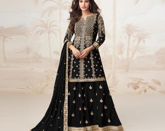 Chinon Silk Sharara Suit: Indian Pakistani Wedding Outfit