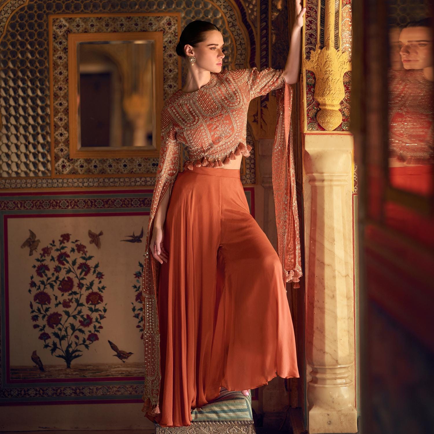 green emerald velvet dress Tempting Beige Embroidered Designer Indo Western Dress