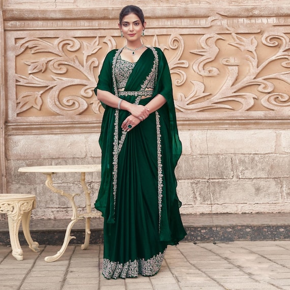 chiffon saree dress Boho Wedding Saree: Green Shimmer Chiffon Set with Cape & Belt