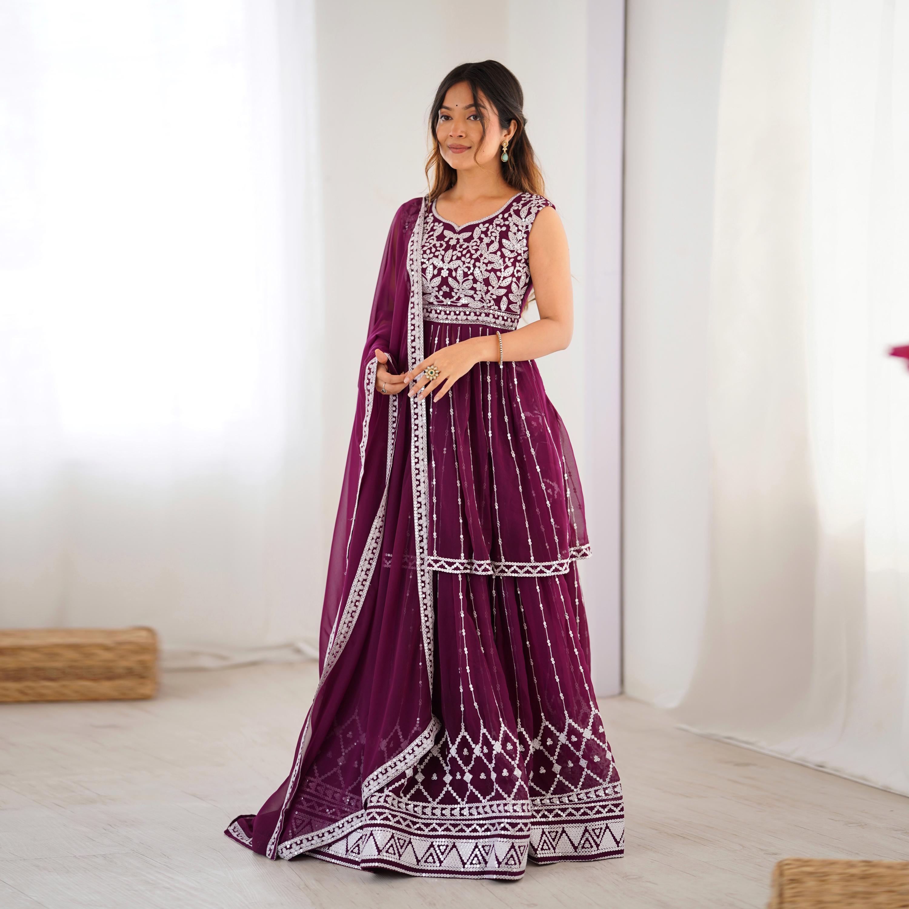 Dark Purple Lehenga Set: Faux Georgette Boho Crop Top, Long Skirt