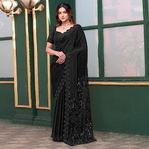 Schwarzer Armani Tüll Saree mit schwerer Maharani Netzbluse | Handgefertigte Perlen Designer Saree | Hochzeitskleid & Saree Set