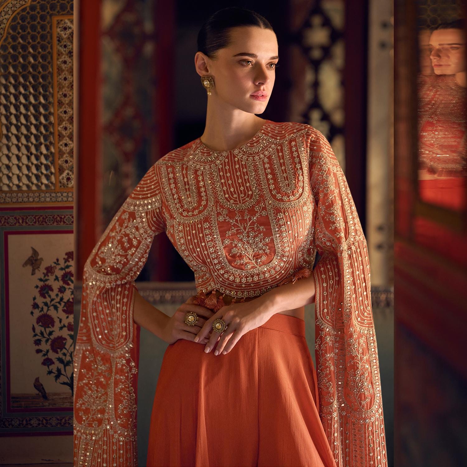 satin indo western dress Coral Indo Western Dress: Chinon Silk Embroidered Top & Plazzo