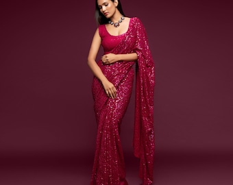 Hot Pink Georgette Saree Set: Thread & Sequin Embroidery, Ready-to-Wear