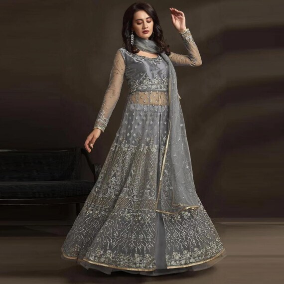 grey net dress Embroidered Anarkali Gown With Dupatta | Royal Indian Ball Gown party silver dress