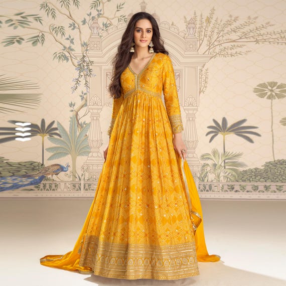 floor length bandhani long dress Radiant Mustard Yellow Bandhani Anarkali Dress Set with Digital Embroidered Chinon Silk & Dupatta