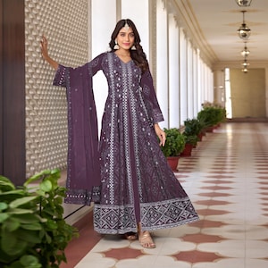 Purple Anarkali Suit Set: Heavy Faux Georgette Top + Dull Santoon Bottom & Organza Dupatta | Plus Size Wedding Dress | Indian Kurti