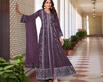 Purple Anarkali Suit Set: Faux Georgette Top, Organza Dupatta - Plus Size Indian Kurti