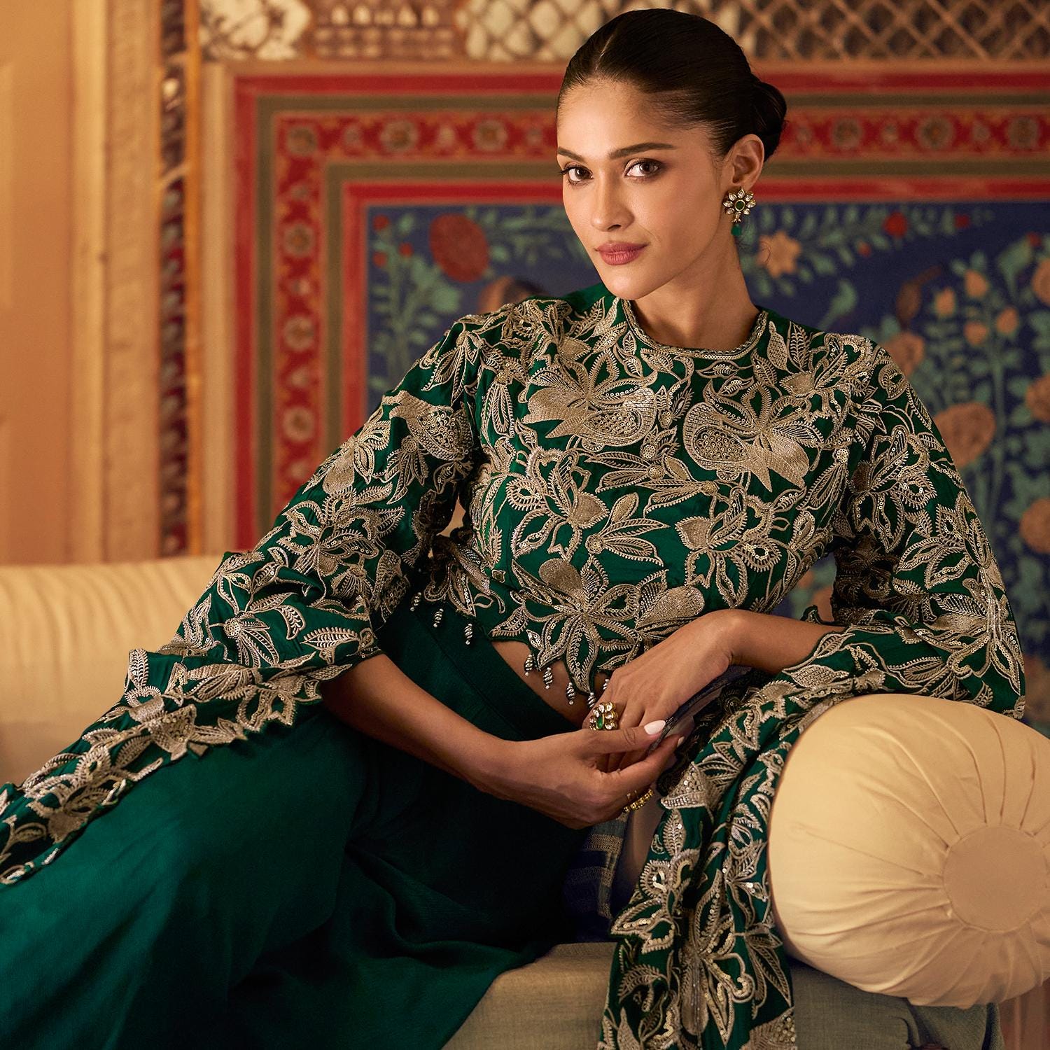 Teal Green Chinon Silk Indo Western Dress: Embroidered Top & Plazzo