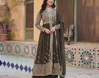 Brown Faux Georgette Anarkali Suit: Embroidered Party Wear with Sequined Dupatta
