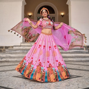 Chaniya Choli Set: Pink Floral Printed Art Silk Lehenga with Organza Dupatta | Garba Outfit & Navratri Dress | Stitched Readymade