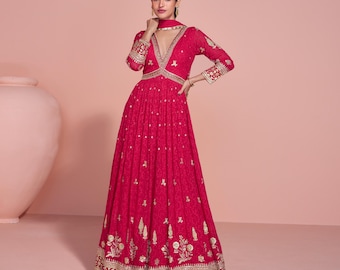 Hot Pink Georgette Anarkali Gown with Dupatta - Embroidered Wedding Festive Dress
