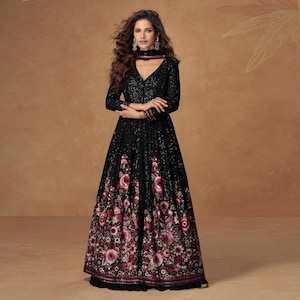 Floral Print Black Chinnon Silk Anarkali Dress: Indian Wedding Guest Gown
