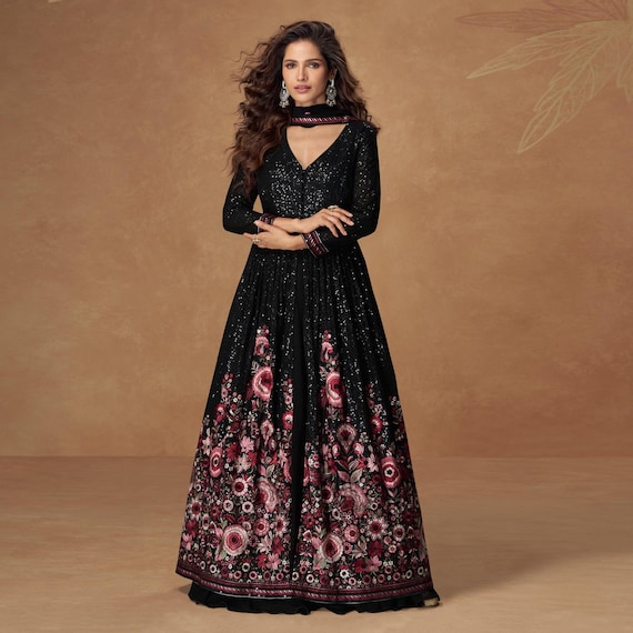 floral silk anarkali dress Rani Pink Floral Printed Silk Anarkali Suit With Dupatta