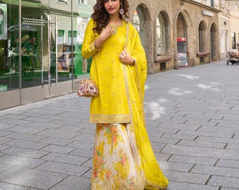 Golden Embroidered Chinon Silk Sharara Suit: Mehendi Haldi Outfit