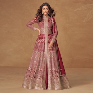 Bestickter Georgette Anarkali Anzug: Indisches Hochzeitskleid, Rock & Dupatta