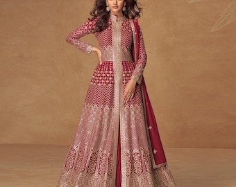 Embroidered Georgette Anarkali Suit: Indian Wedding Gown, Skirt & Dupatta