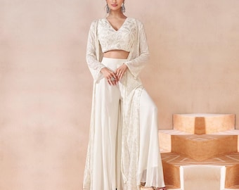 Floral Embroidered Indo-Western Wedding Suit: Georgette Bridal Gown with Shrug