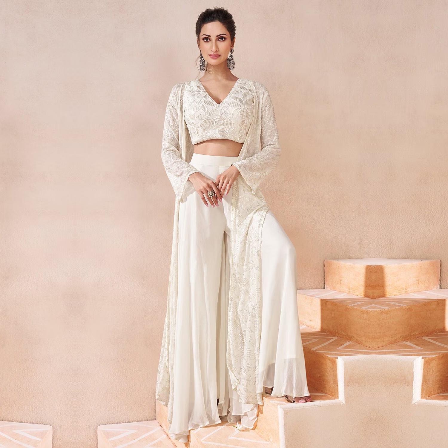 Floral Embroidered Indo-Western Wedding Suit: Georgette Bridal Gown with Shrug