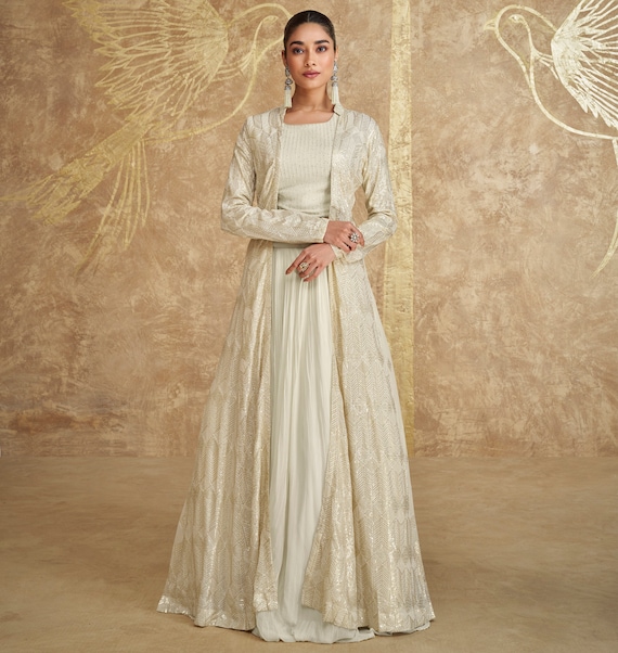 Beige Indo-western Suit With Embroidered Shrug Elegant Georgette